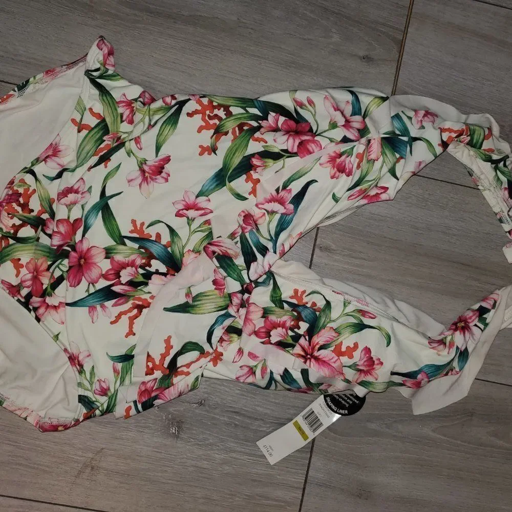 Carmen Marc valvo ruffle floral plunge Swimsuit Swimwear sz 14